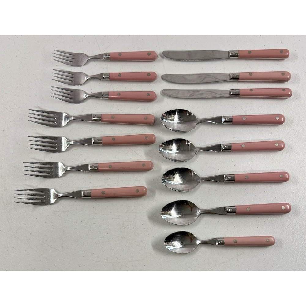 15 Piece Mixed Set of Carnival Stainless Flatware Korea Pink Handles Vintage